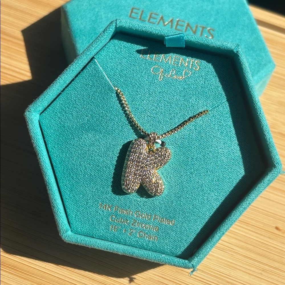 Brand New Elements of Love 14K Gold Plated Chain Necklace Bubble Crystal “K”
